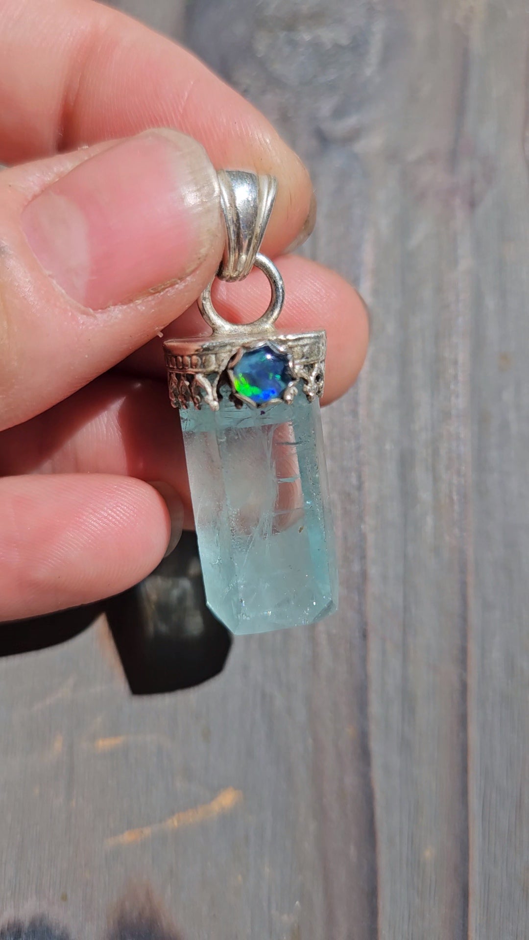 "Snow" Aquamarine and Black Opal Pendant