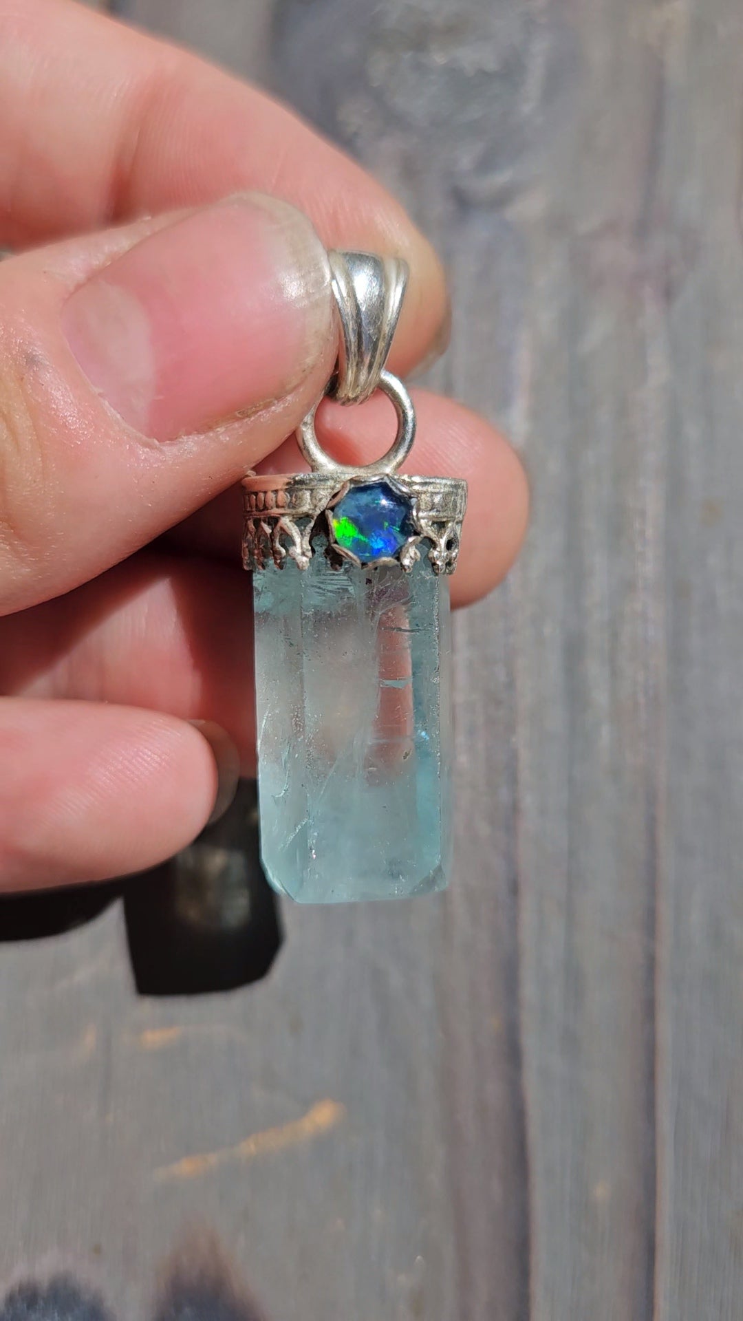 "Snow" Aquamarine and Black Opal Pendant
