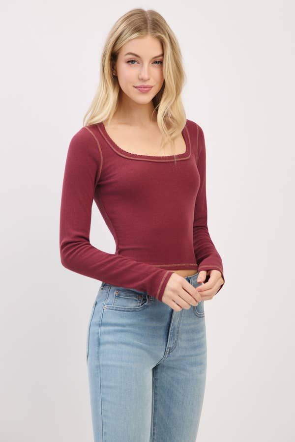 LONG SLEEVE SQUARE NECK RIBBED TOP W/ SCALLOP