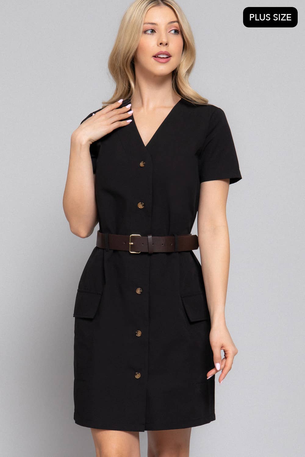 [PLUS SIZE] Short Sleeve Button Down Belted Cargo Mini Dress