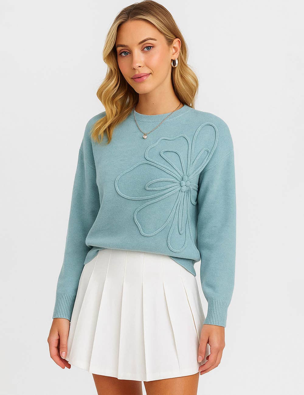 Ladies Solid Color Rib Knit 3D Floral Embroidery Sweater