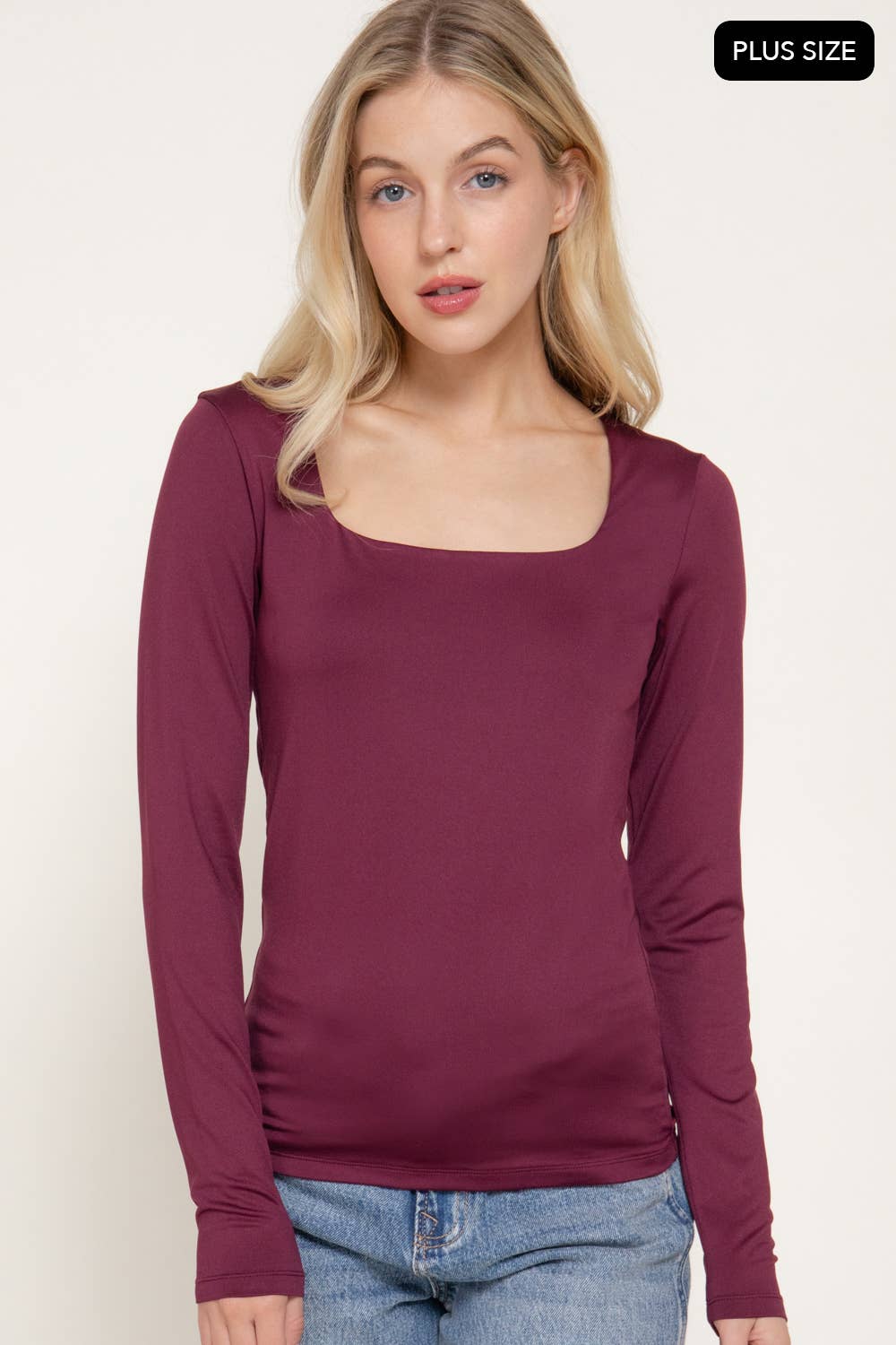 [PLUS SIZE] Long Sleeve Square Neck Double Layered Knit Top