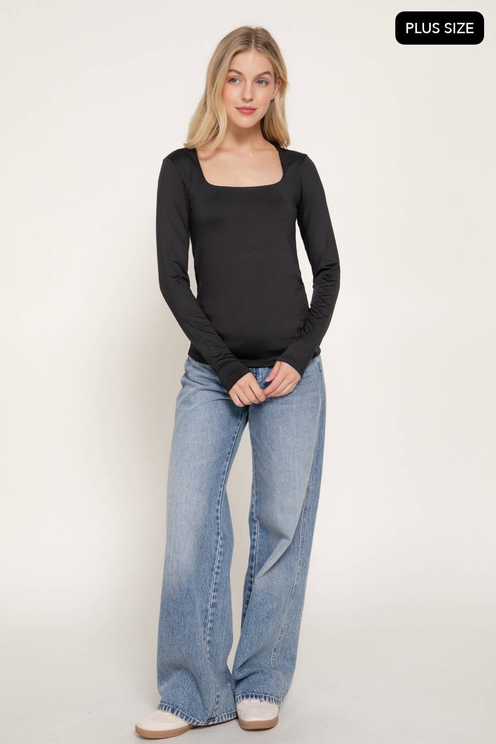 [PLUS SIZE] Long Sleeve Square Neck Double Layered Knit Top