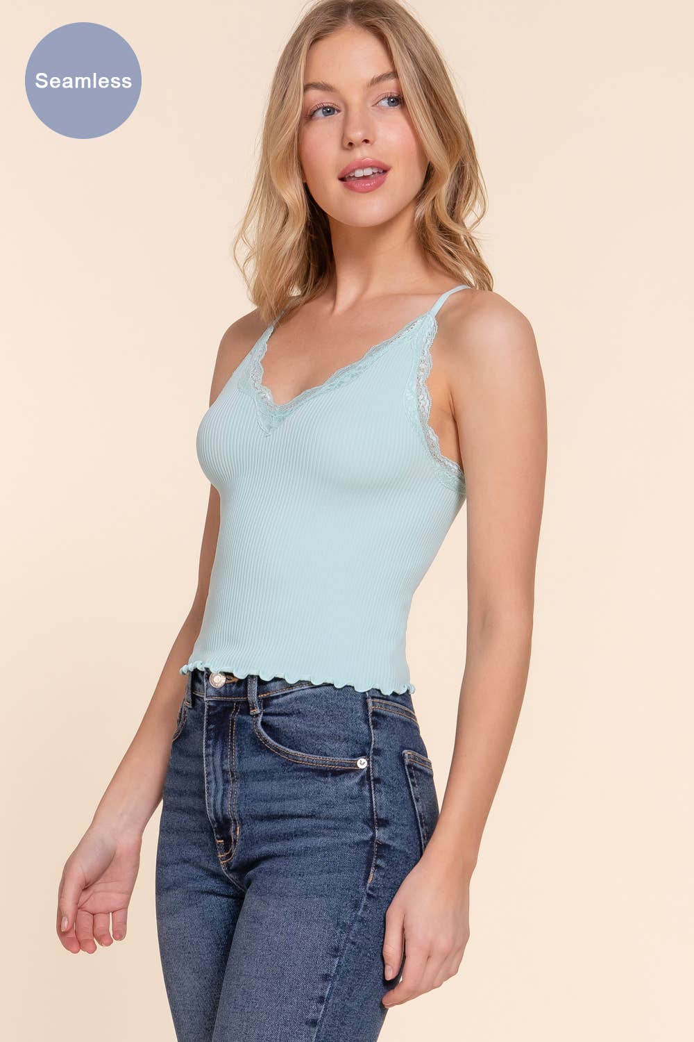 V-neck Lace Detail Seamless Rib Knit Cami Top
