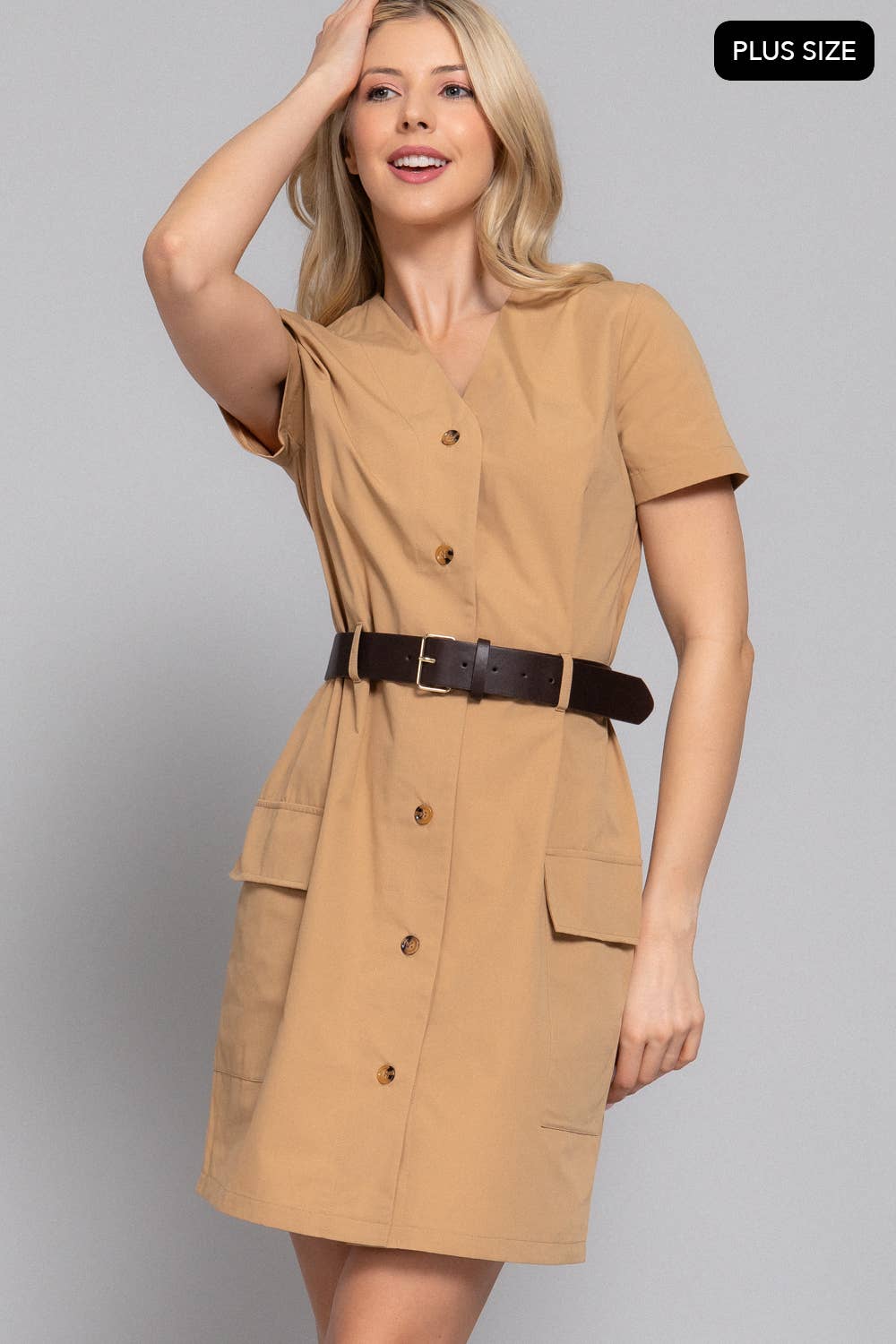 [PLUS SIZE] Short Sleeve Button Down Belted Cargo Mini Dress