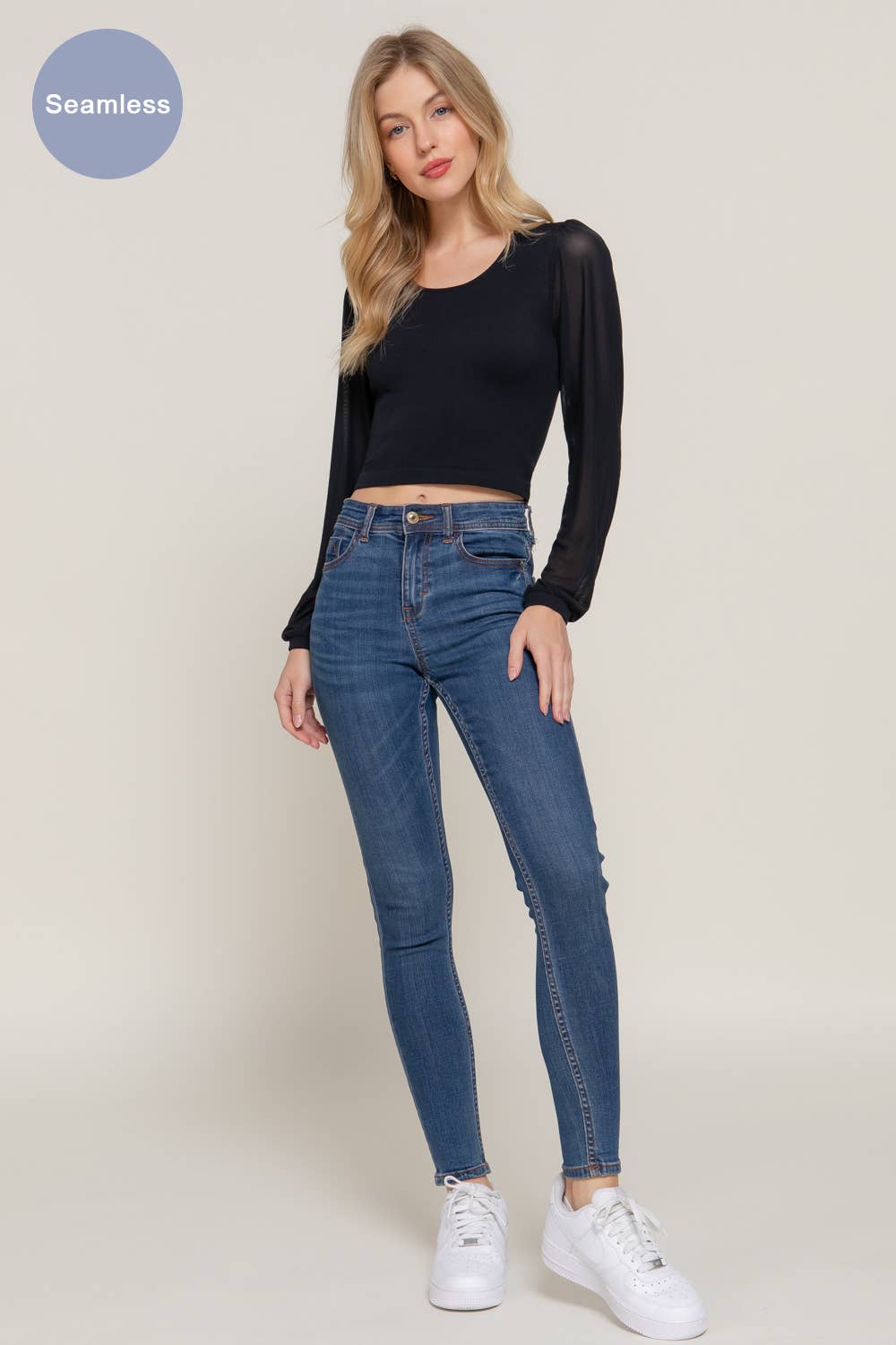 Mesh Long Sleeve Round Neck Seamless Top