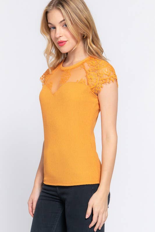 Lace Ruffle Slv Texture Knit Top