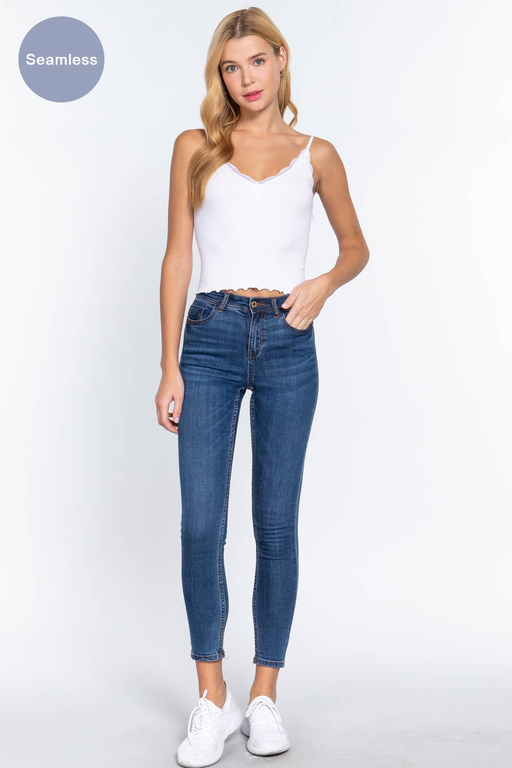 V-neck Lace Detail Seamless Rib Knit Cami Top