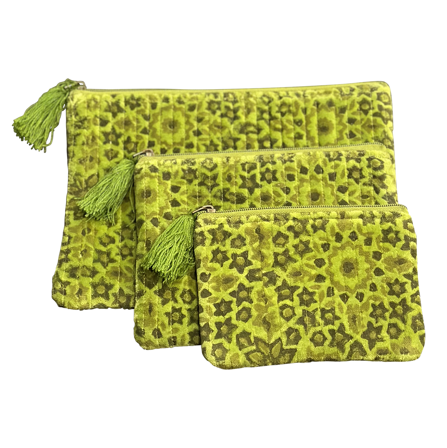 Spring Green Block Print and Quilted Floral Pouches - Large