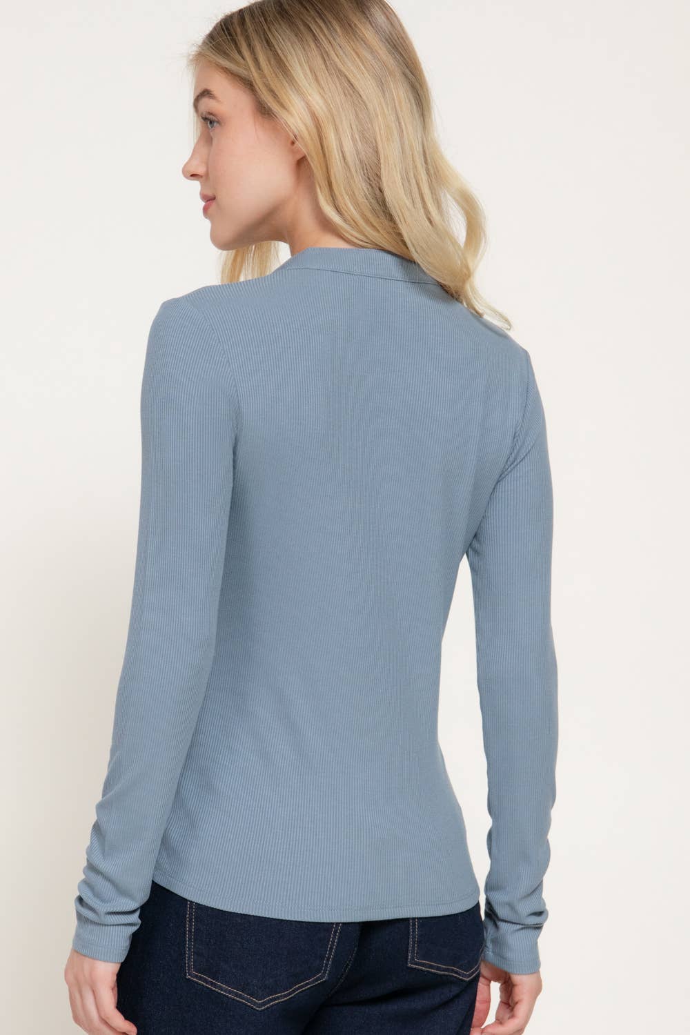Long Sleeve Henley Neck Ribbed Top