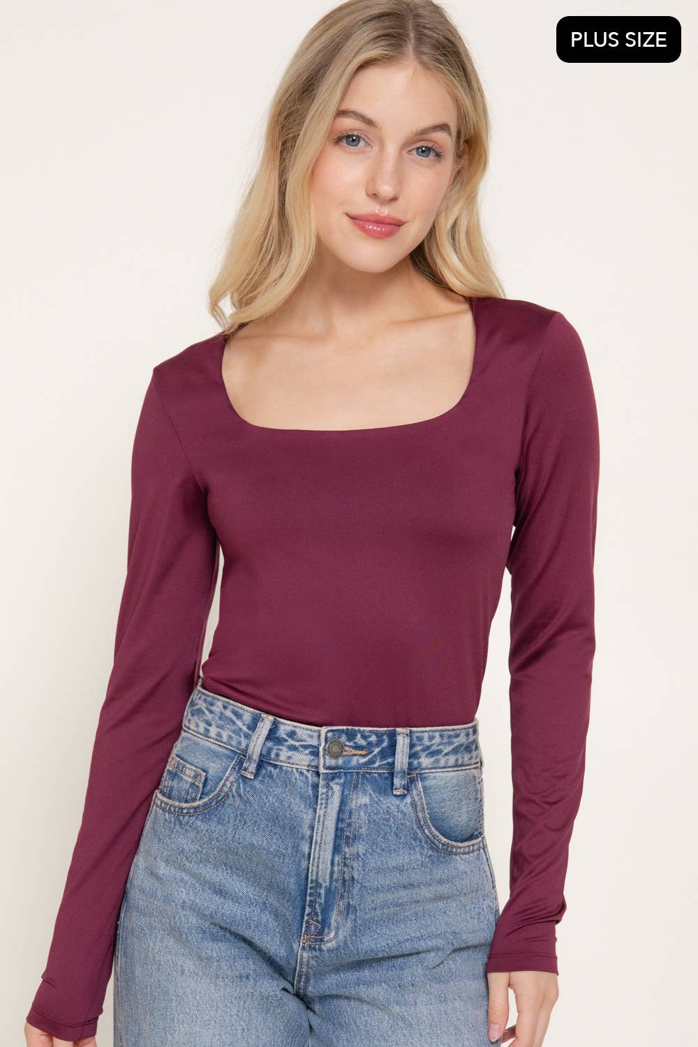 [PLUS SIZE] Long Sleeve Square Neck Double Layered Knit Top