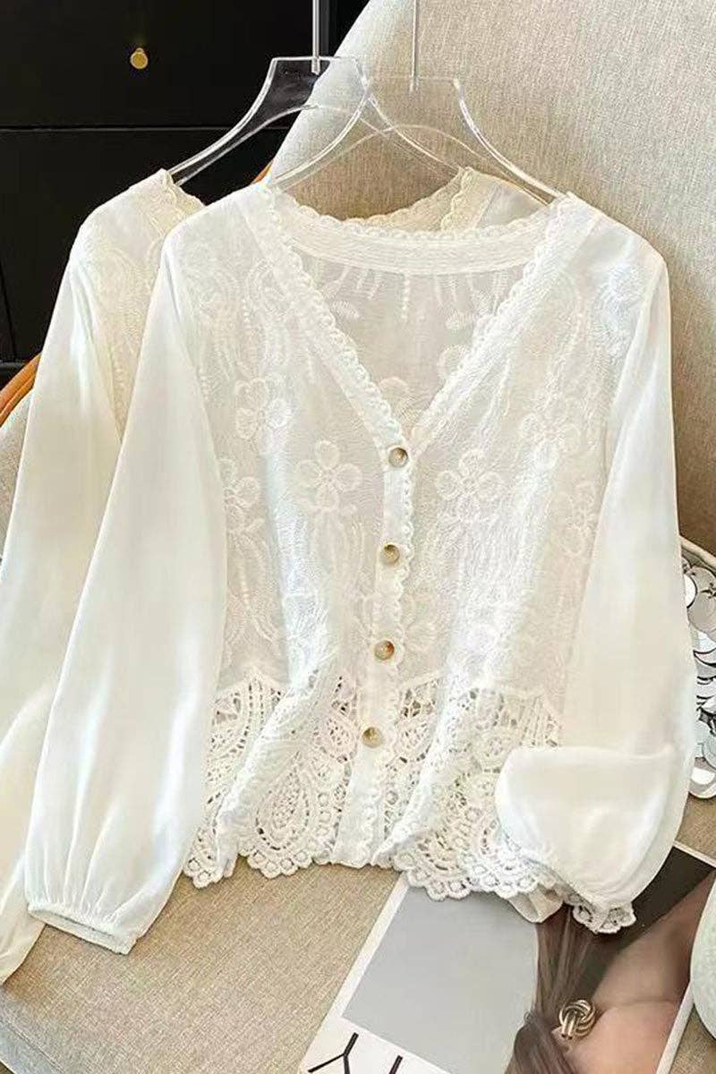 Lace V-Neck Button-Front Blouse