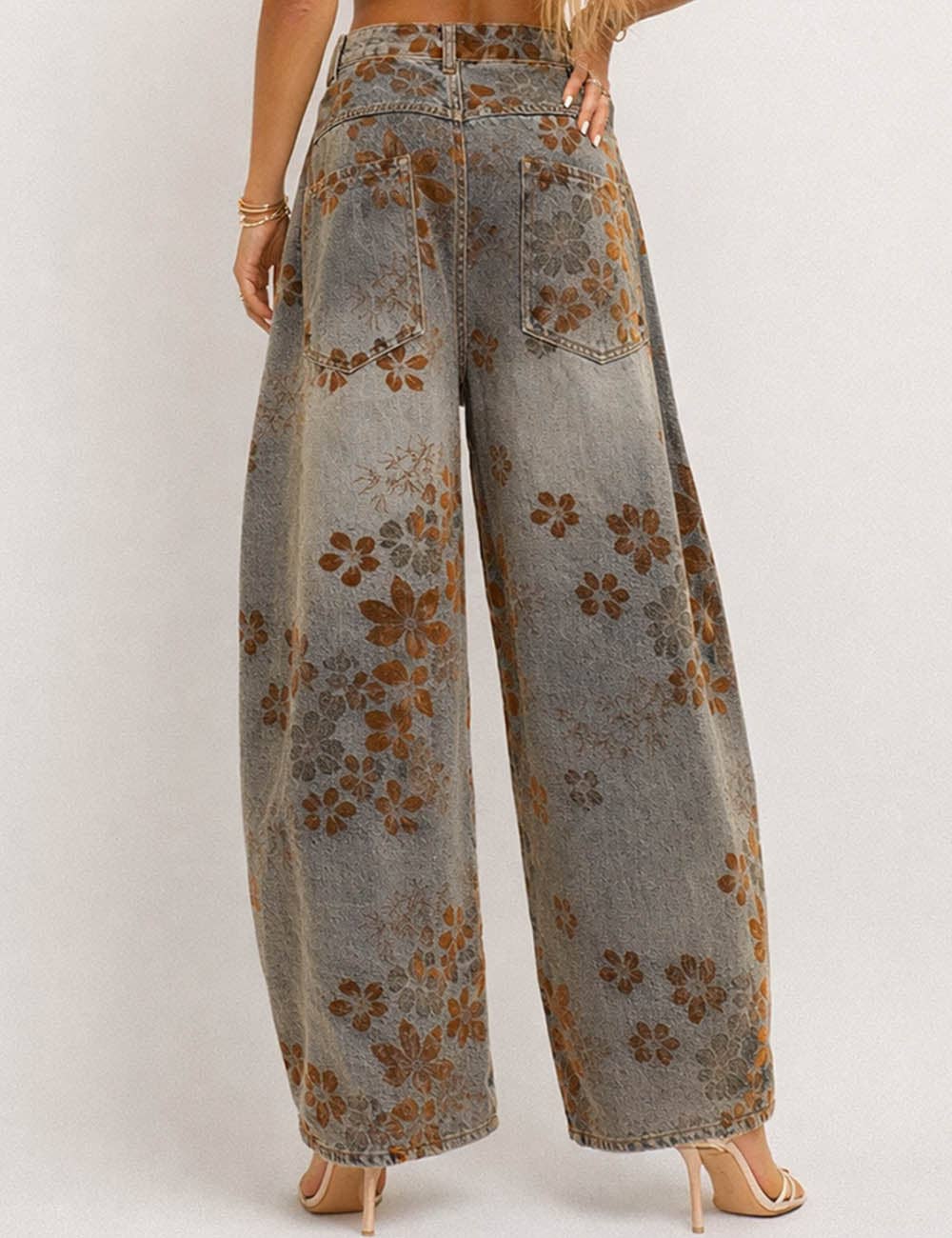 Ladies Velvet Floral Wide Barrel leg Denim Jean Pants