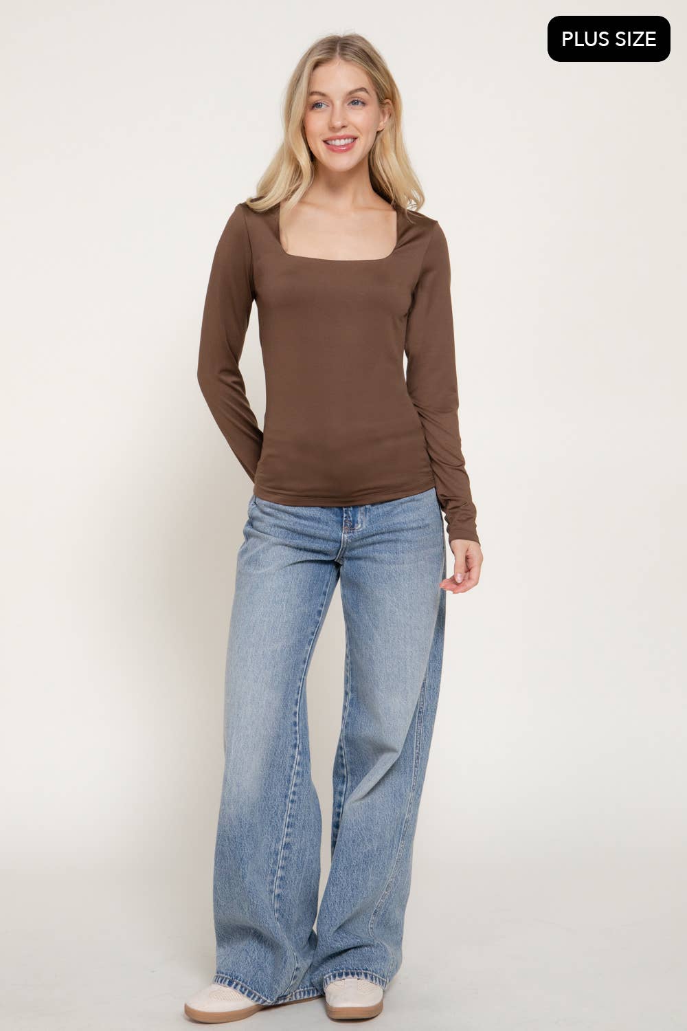 [PLUS SIZE] Long Sleeve Square Neck Double Layered Knit Top