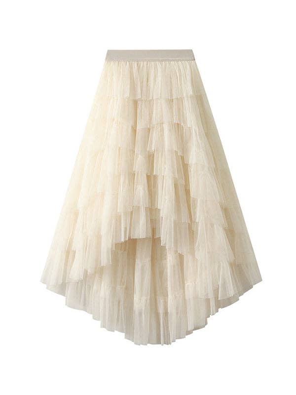 A-Line High-Low Contrast Color Elasticity Gauze Gradient Pleated Split-Joint Tiered Skirts