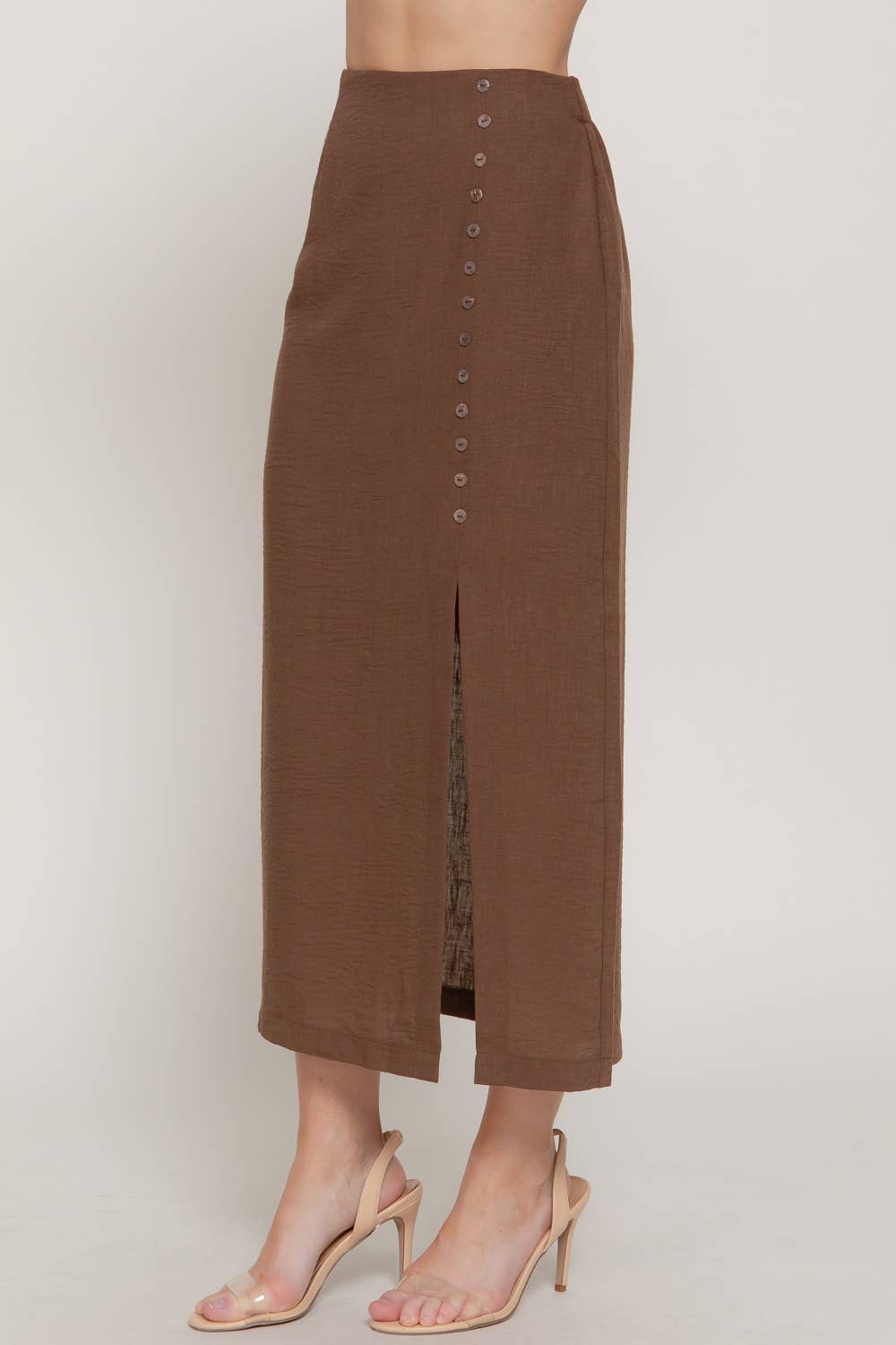 Front Slit with Button Detail Linen Effect Midi Skirt