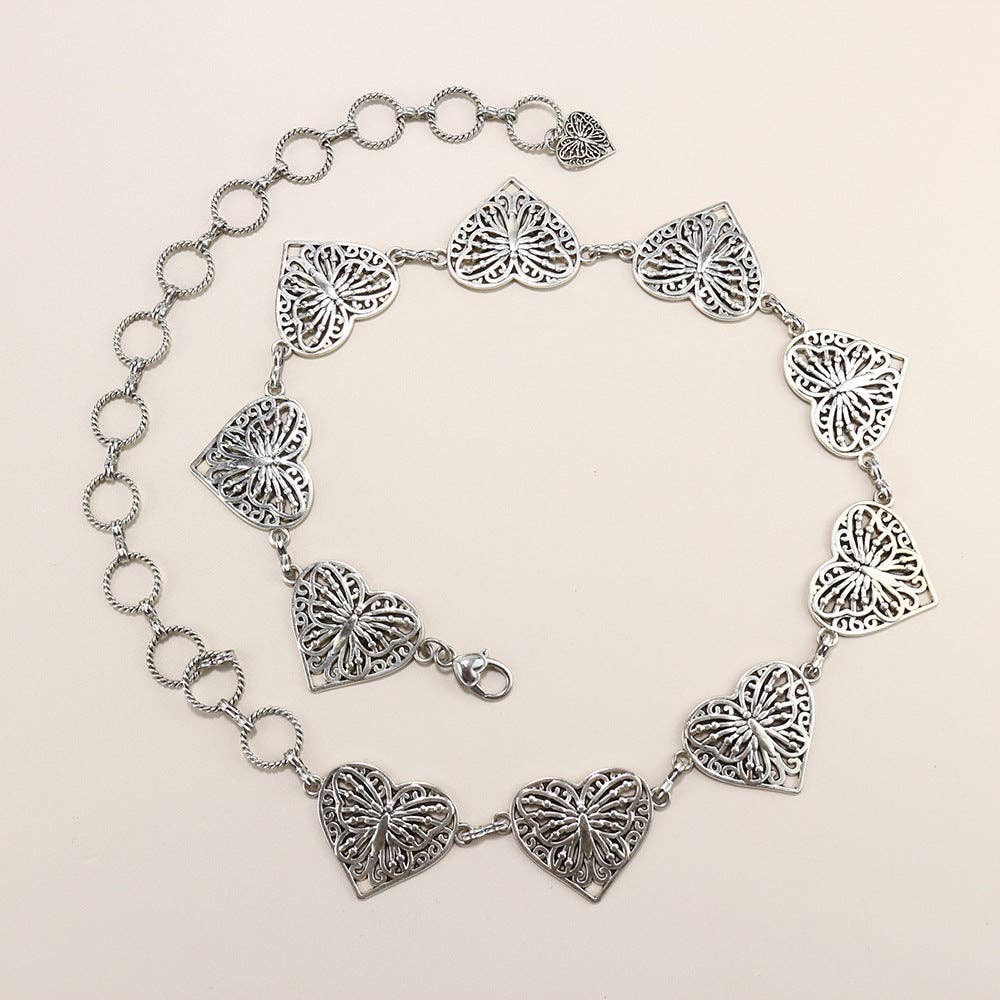 Metal Chain Waist Belt With Butterfly And Heart Design