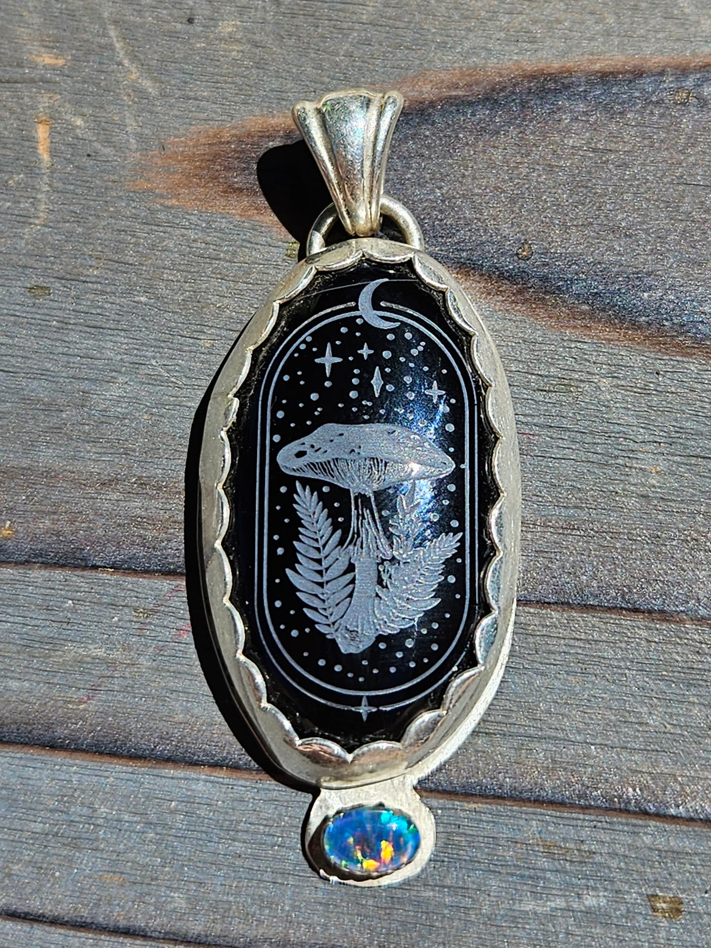 Mushroom Engraved Onyx and Black Opal Pendant