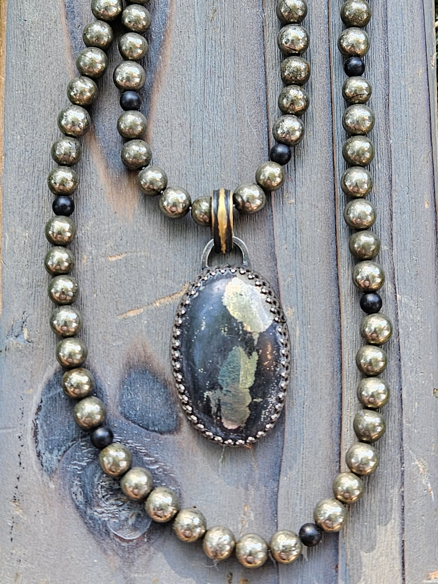 Pyrite and Shungite Layered Necklace with Apache Gold Pendant