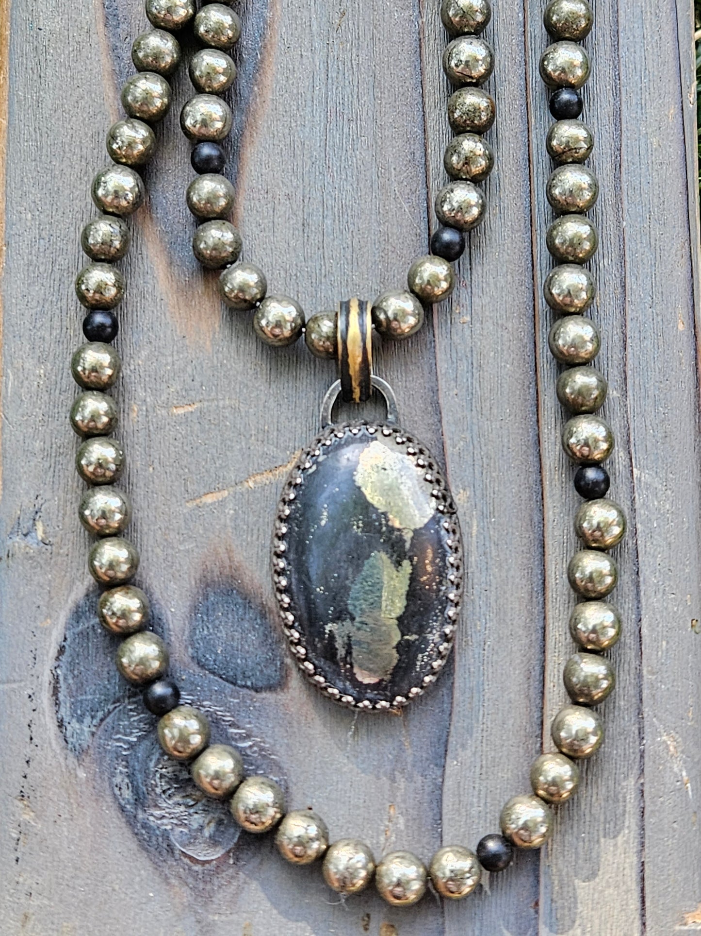 Pyrite and Shungite Layered Necklace with Apache Gold Pendant