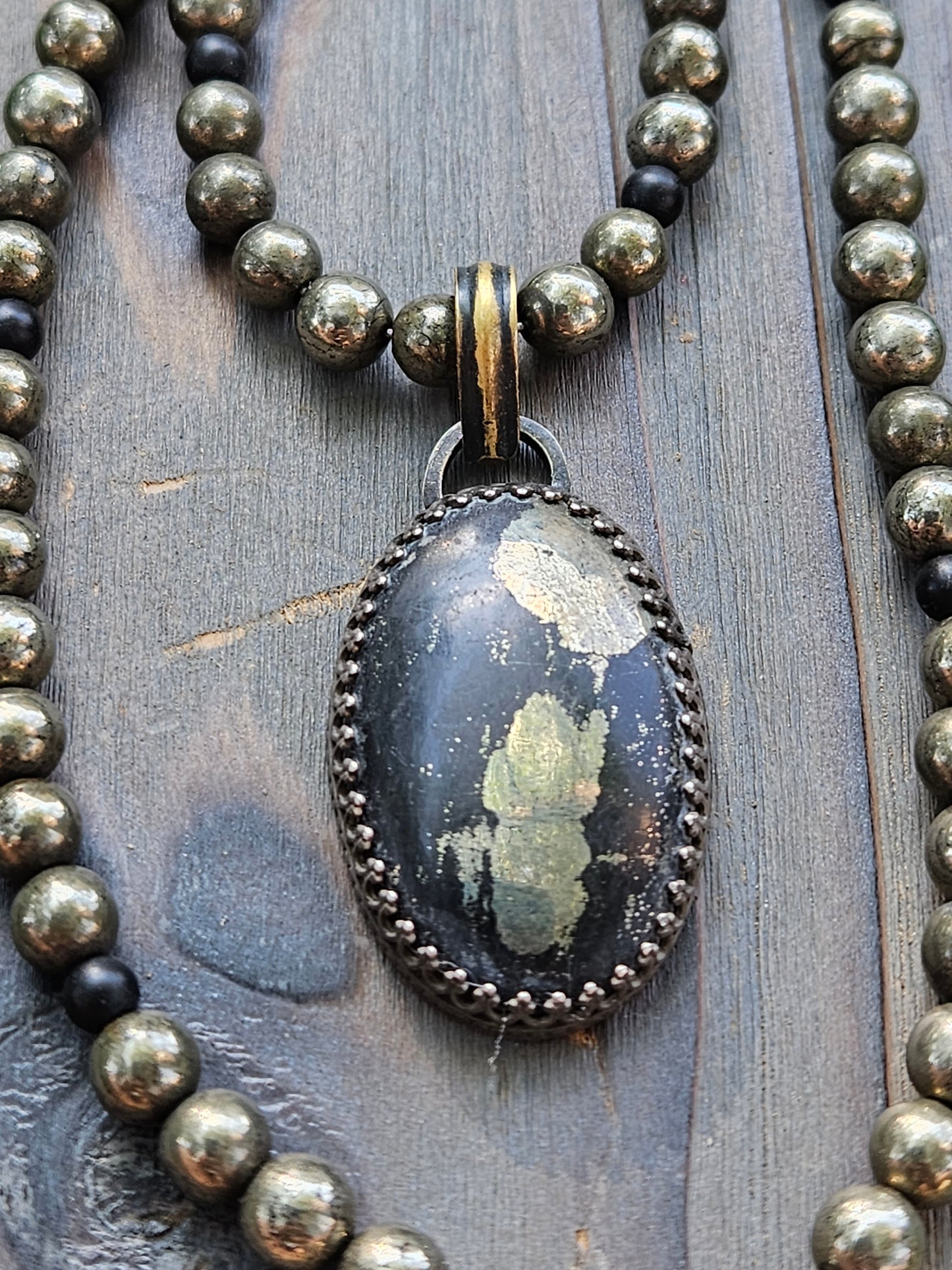 Pyrite and Shungite Layered Necklace with Apache Gold Pendant