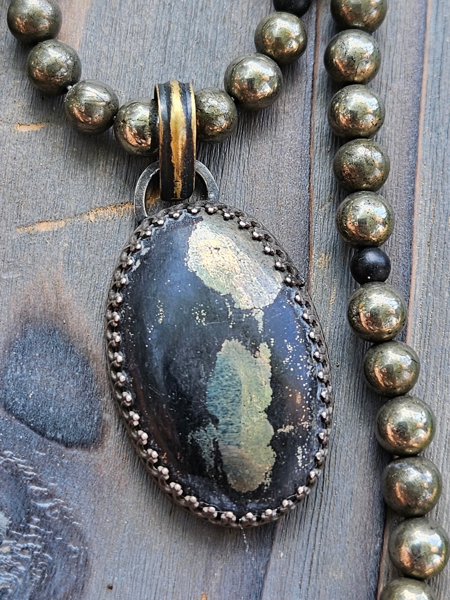 Pyrite and Shungite Layered Necklace with Apache Gold Pendant