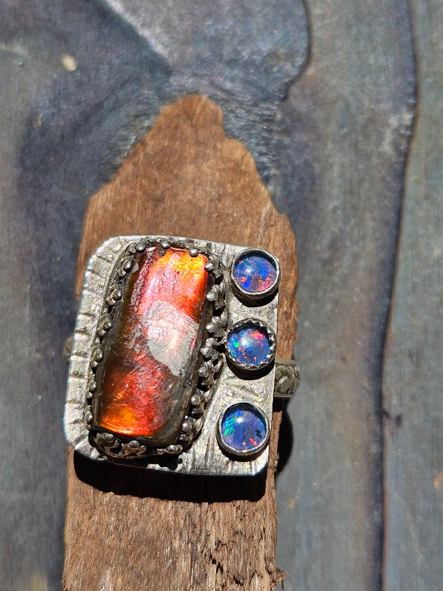 Ammolite and Black Australian Opal Ring, size 8