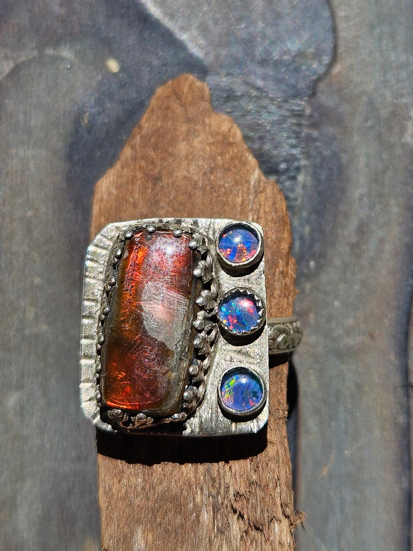 Ammolite and Black Australian Opal Ring, size 8