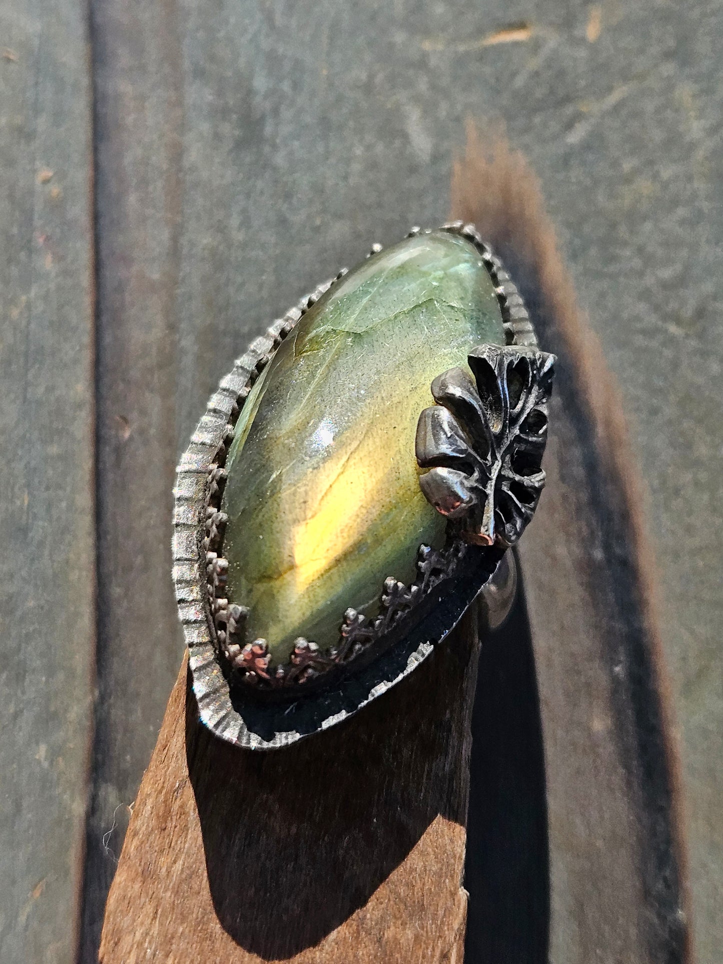 Labradorite and Monstera Ring, 7