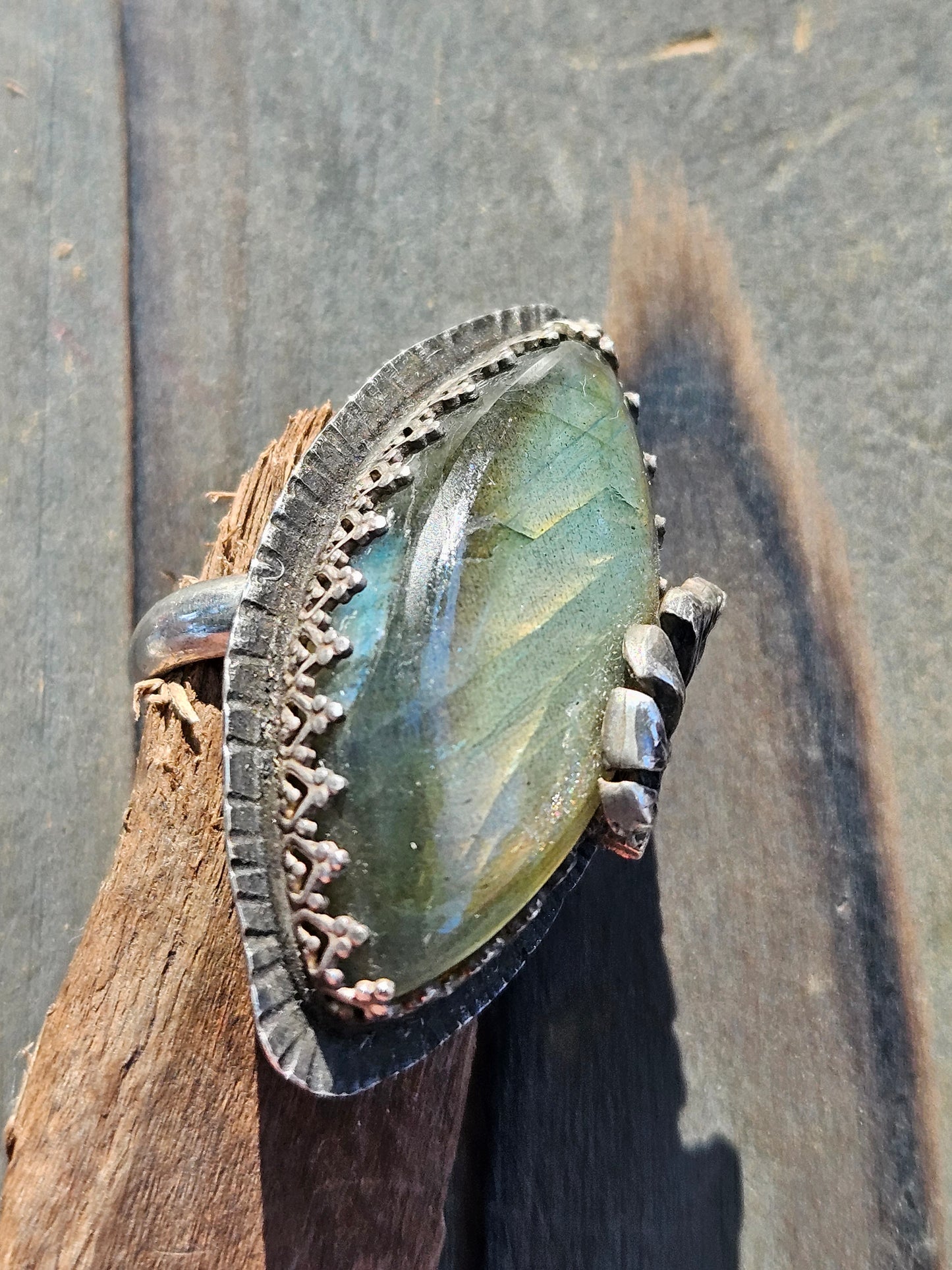 Labradorite and Monstera Ring, 7