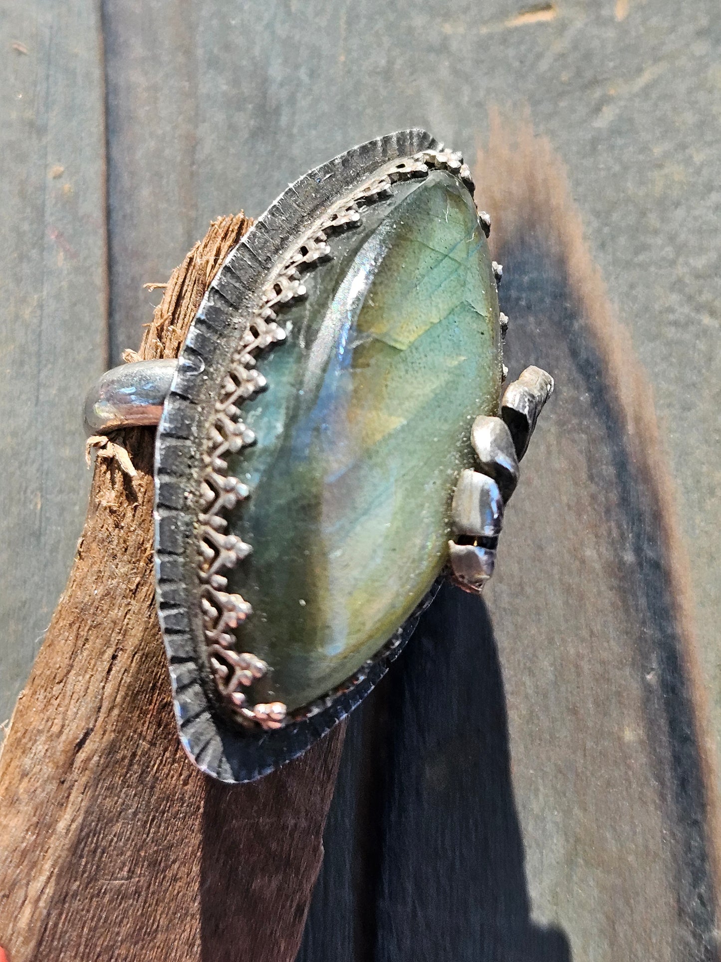 Labradorite and Monstera Ring, 7