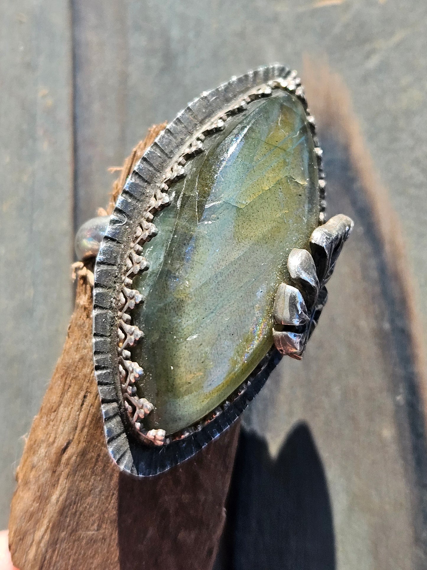 Labradorite and Monstera Ring, 7