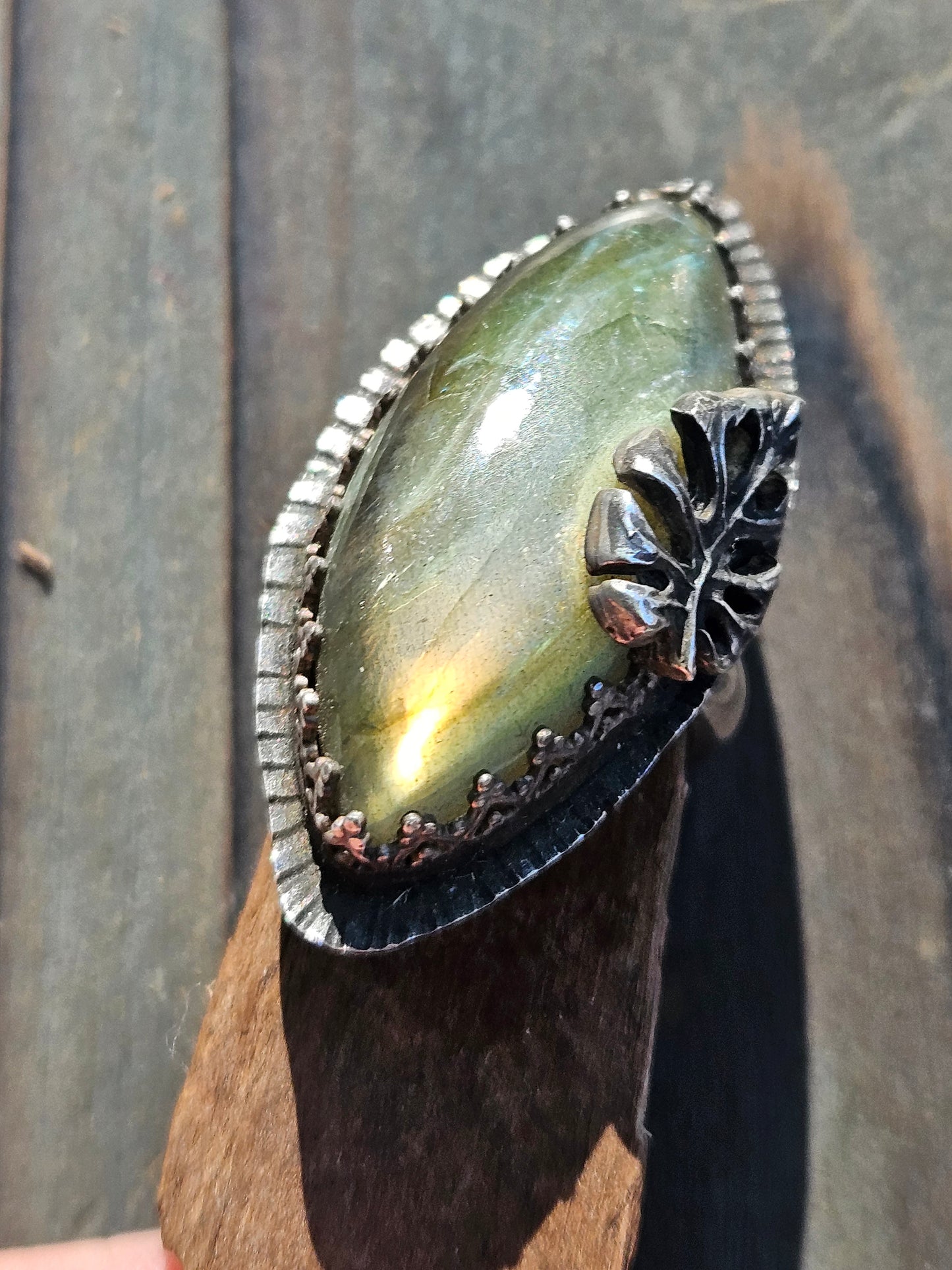 Labradorite and Monstera Ring, 7