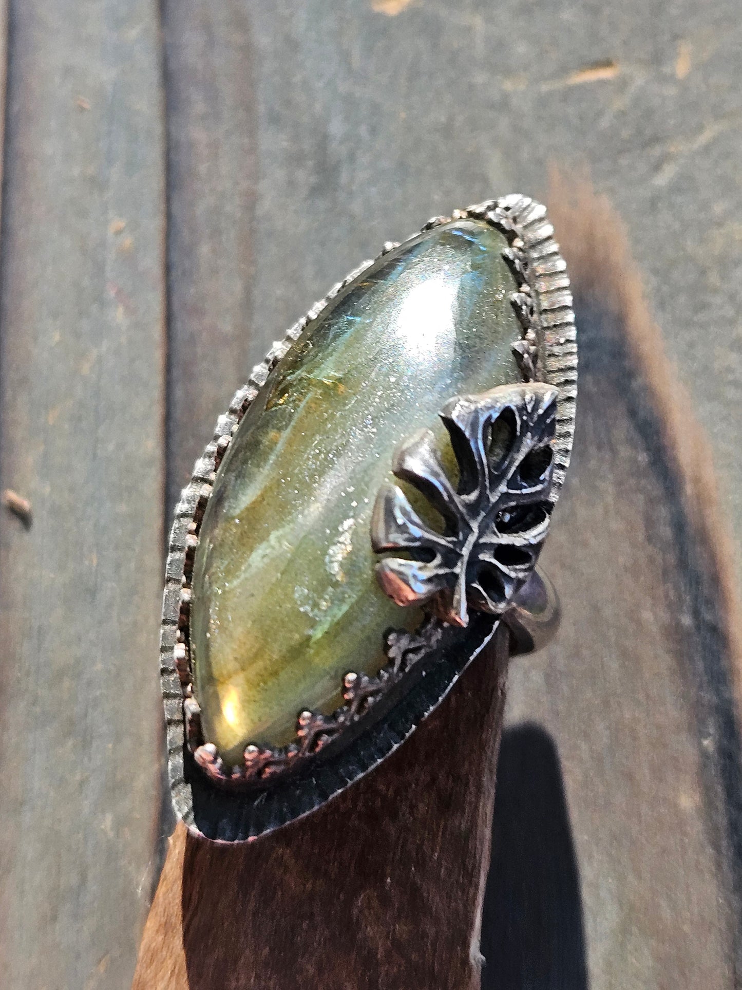 Labradorite and Monstera Ring, 7