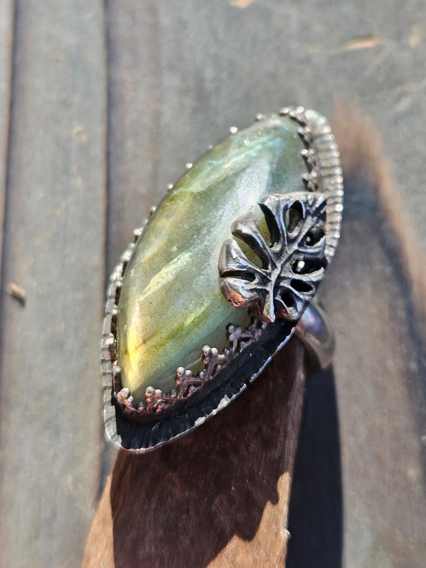 Labradorite and Monstera Ring, 7