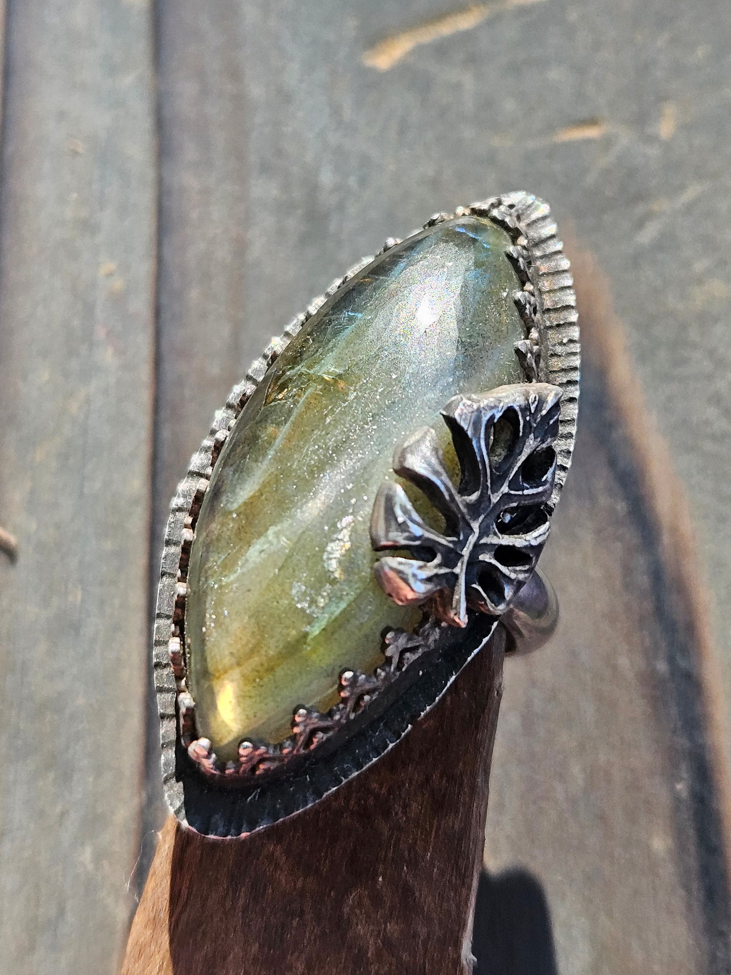 Labradorite and Monstera Ring, 7