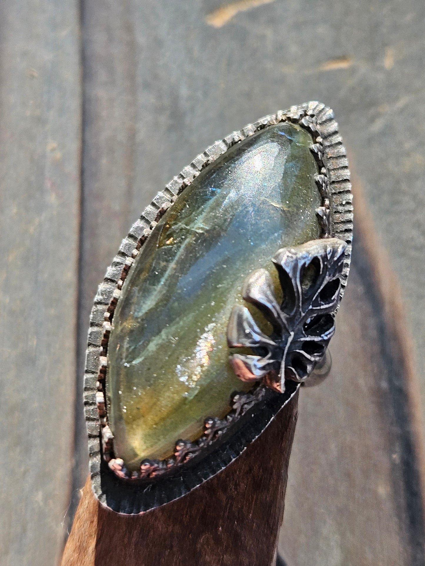 Labradorite and Monstera Ring, 7