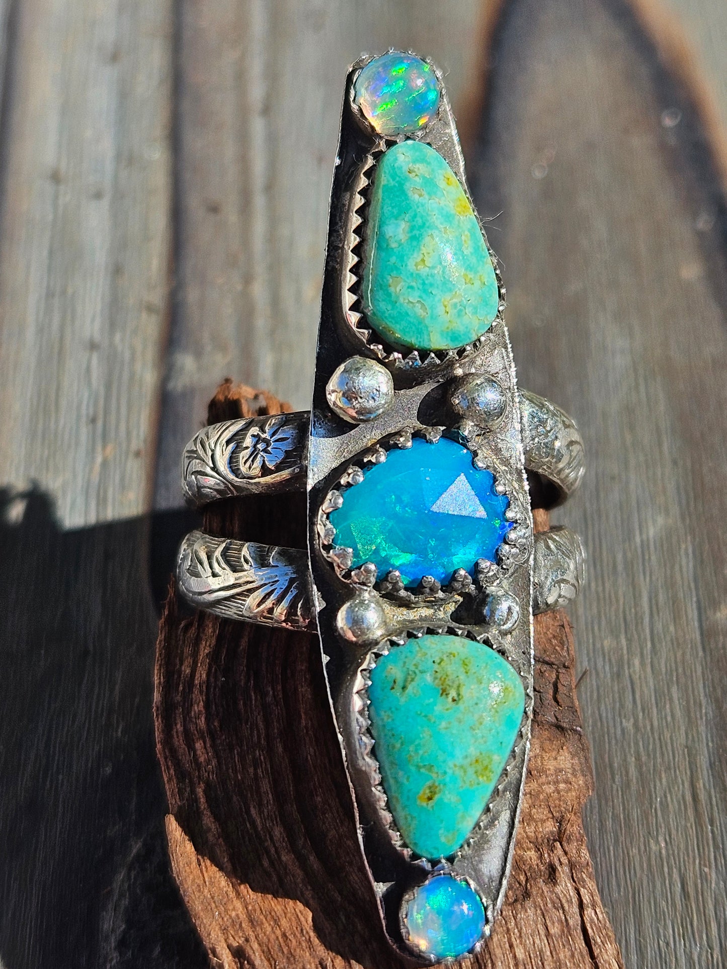 "Priestess" Parabia Opal, Sonoran Turquoise and Ethiopian Opal Ring, Size 10