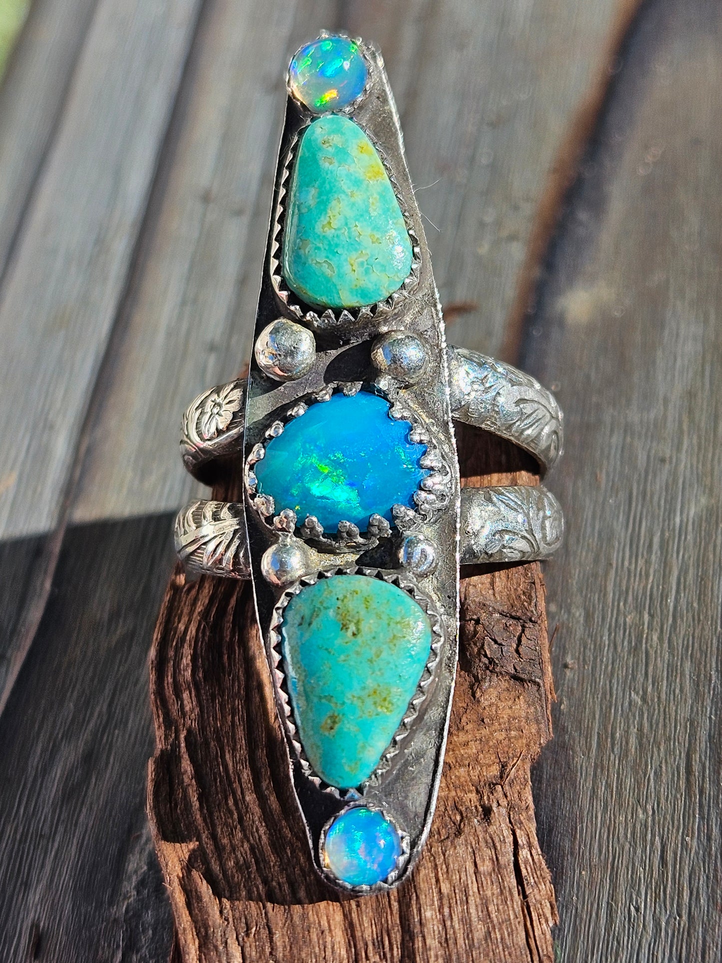 "Priestess" Parabia Opal, Sonoran Turquoise and Ethiopian Opal Ring, Size 10