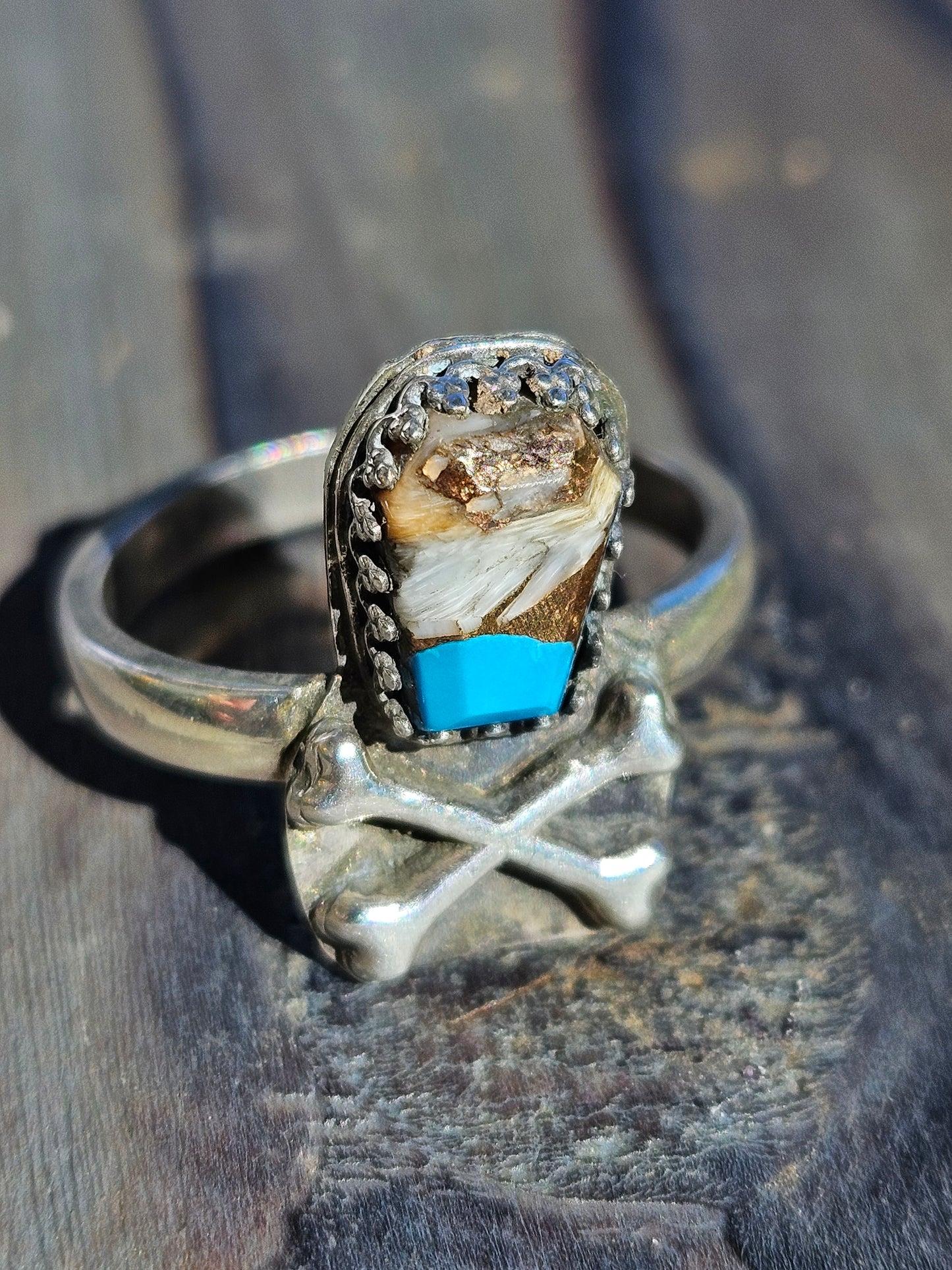 Turquoise Coffin and Crossbones Ring, Size 8.5