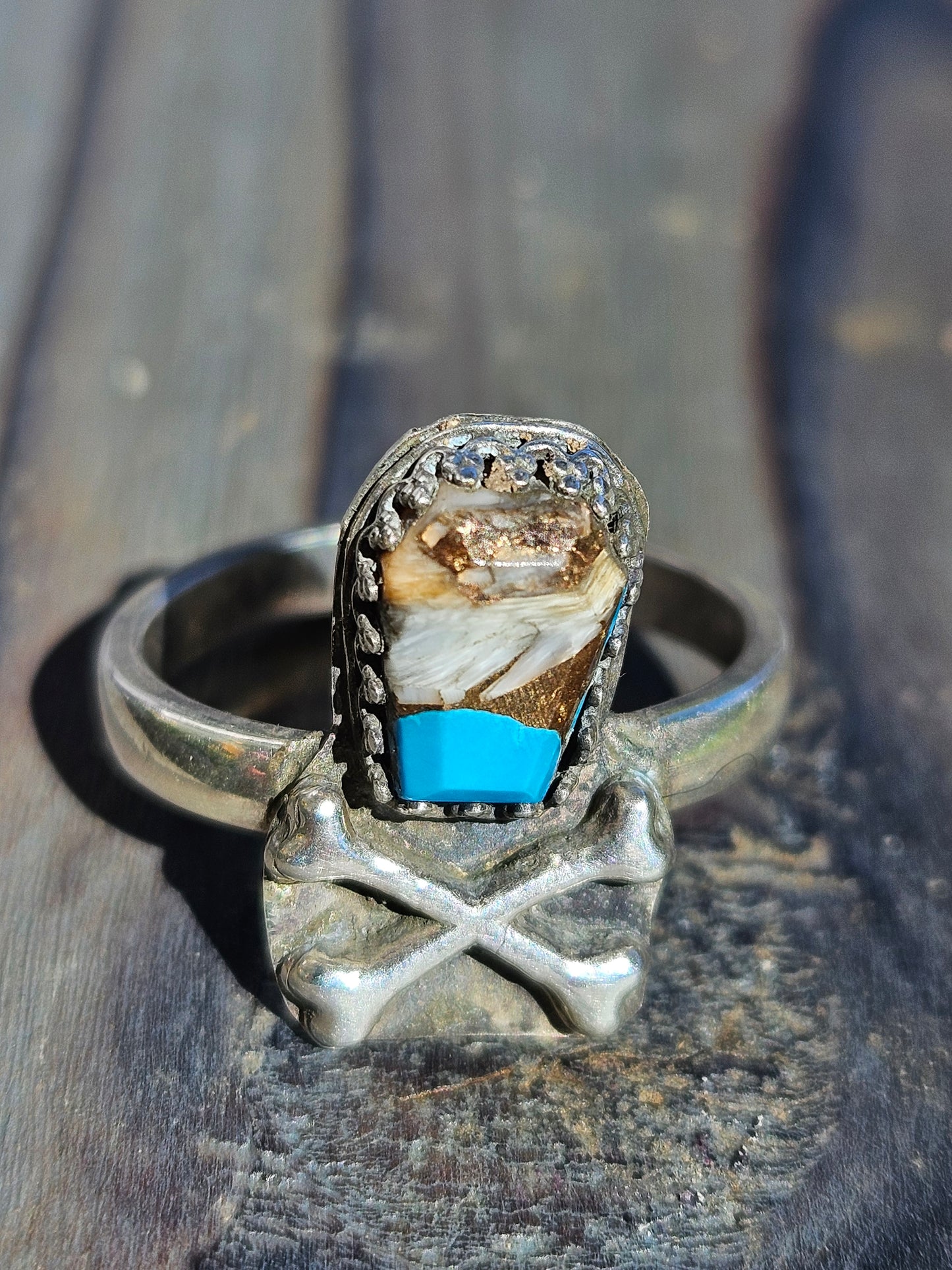 Turquoise Coffin and Crossbones Ring, Size 8.5
