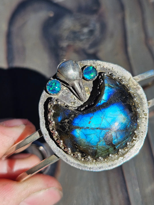 "Raven's Eye" Labradorite and Opal Cuff Bracelet