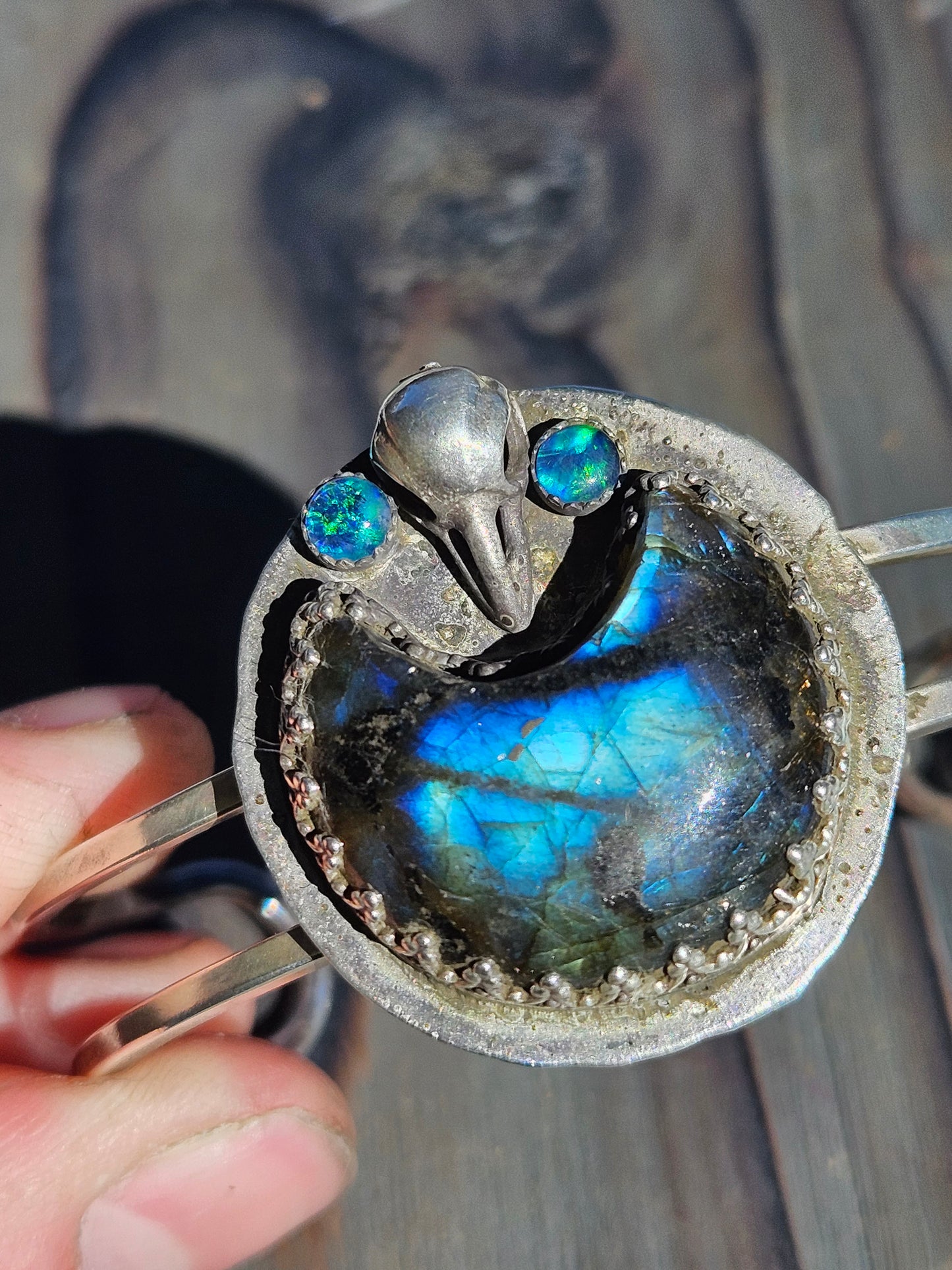 "Raven's Eye" Labradorite and Opal Cuff Bracelet