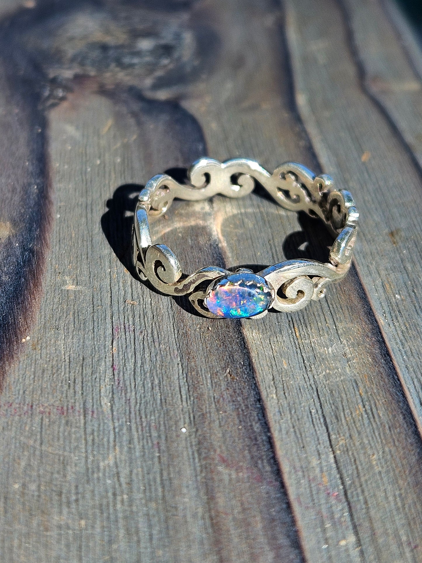Black Opal Spiral Ring, Size 9.5