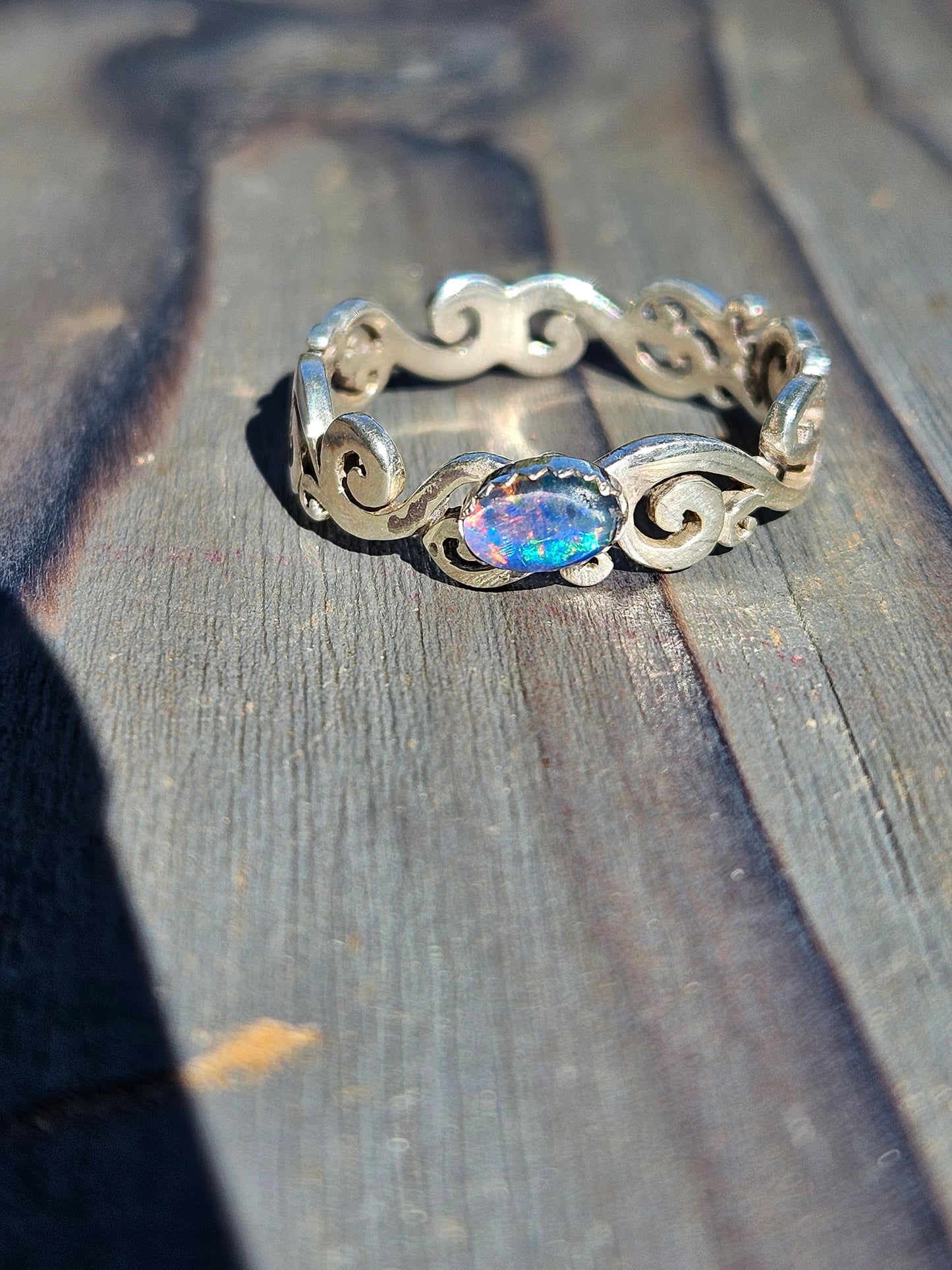 Black Opal Spiral Ring, Size 9.5