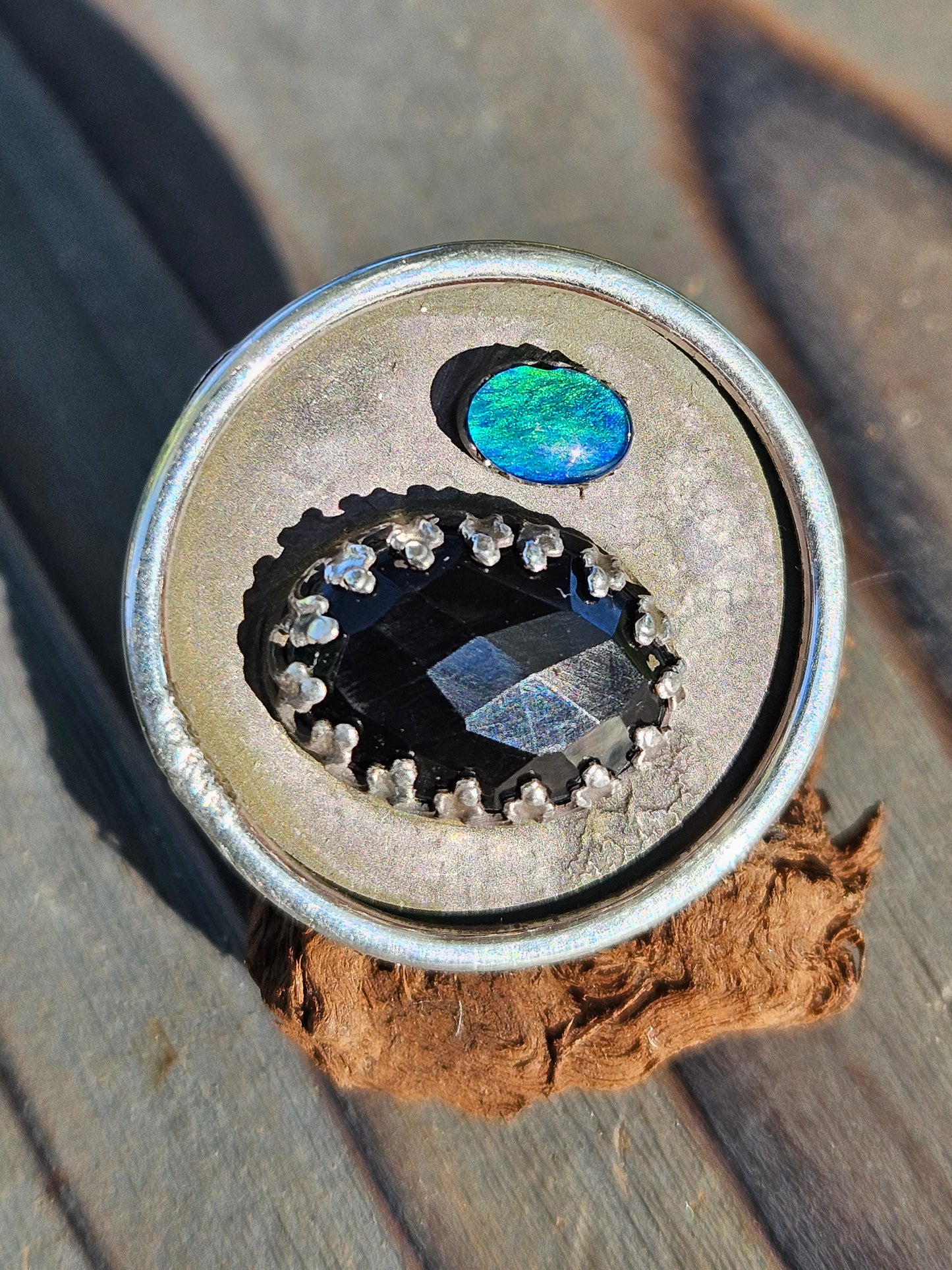"Black Beauty" Black Opal and Onyx Ring, Size 9