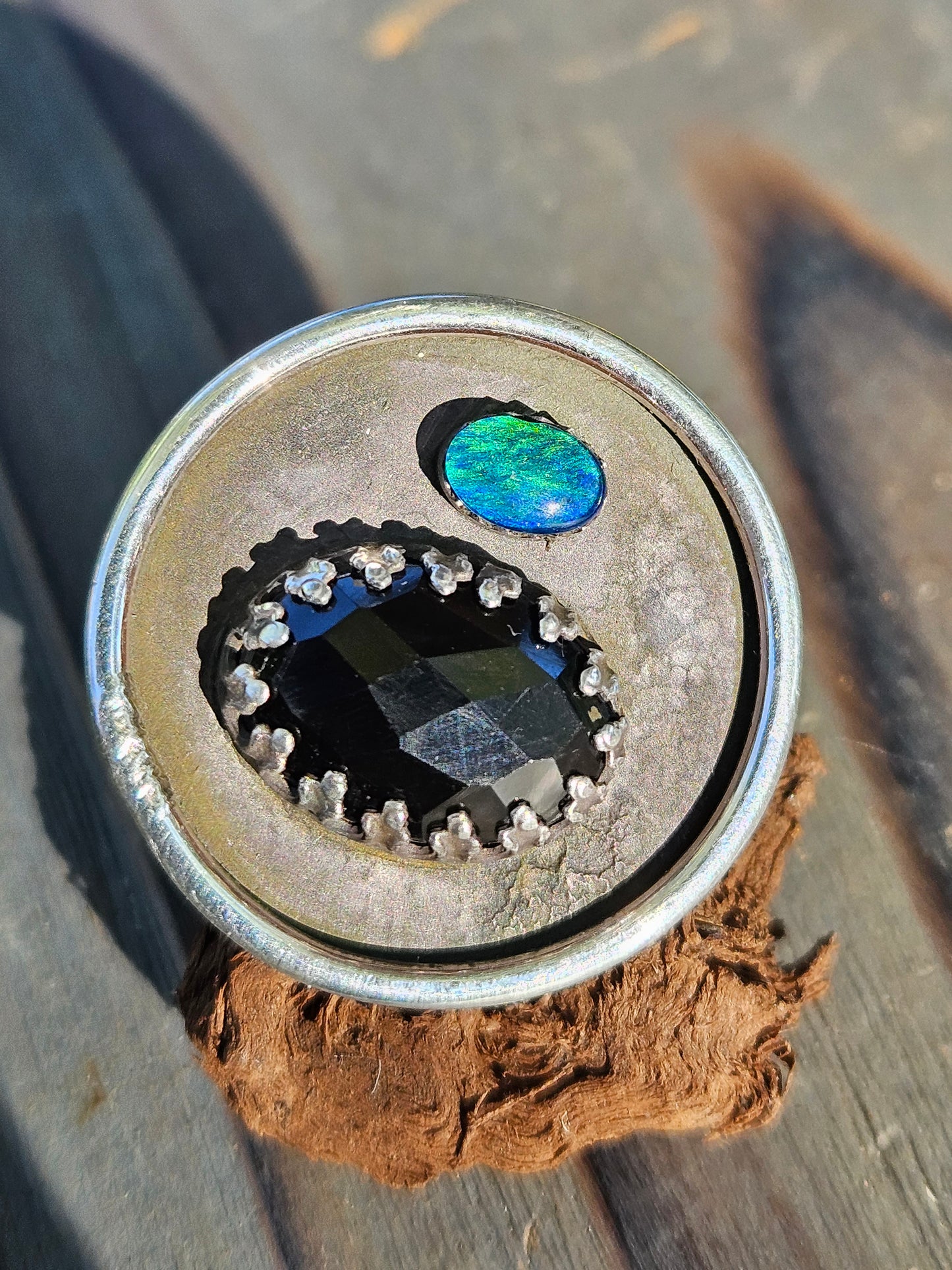 "Black Beauty" Black Opal and Onyx Ring, Size 9