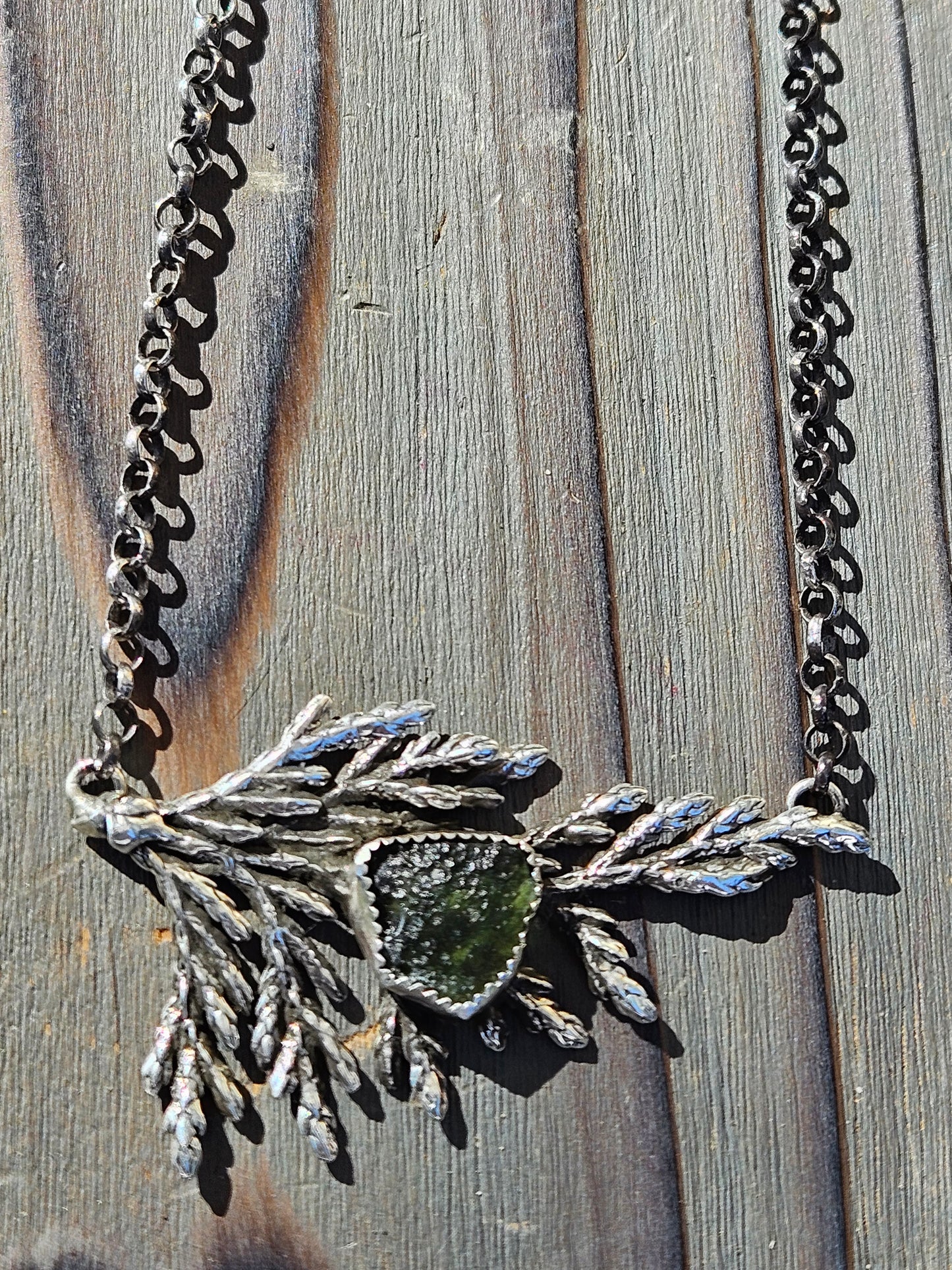 Cedar Leaf and Moldavite Necklace