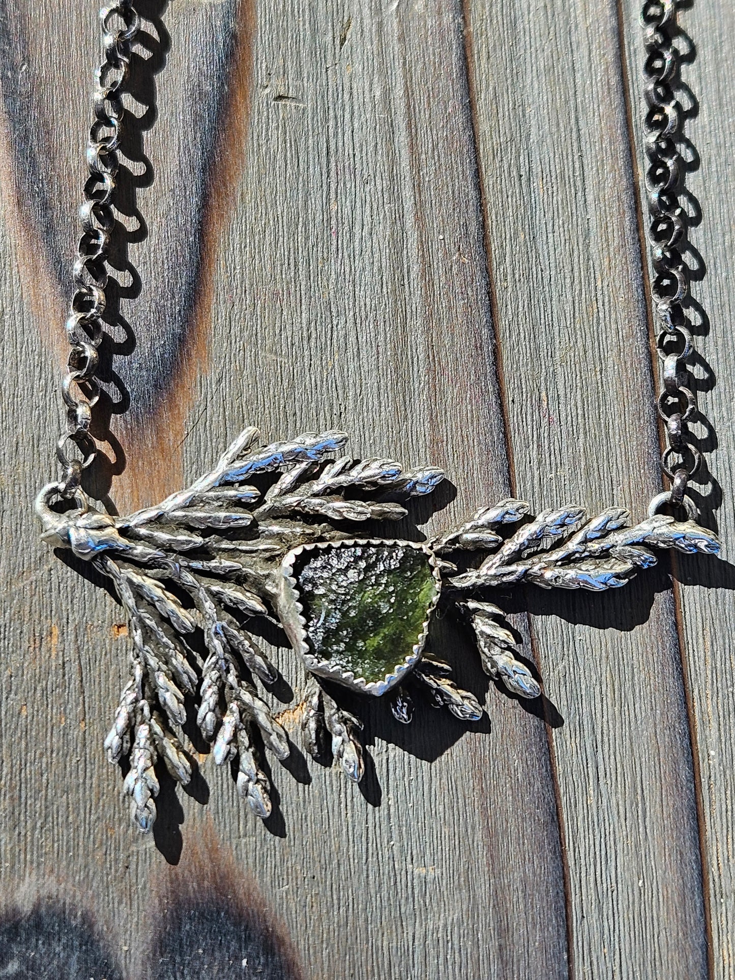 Cedar Leaf and Moldavite Necklace