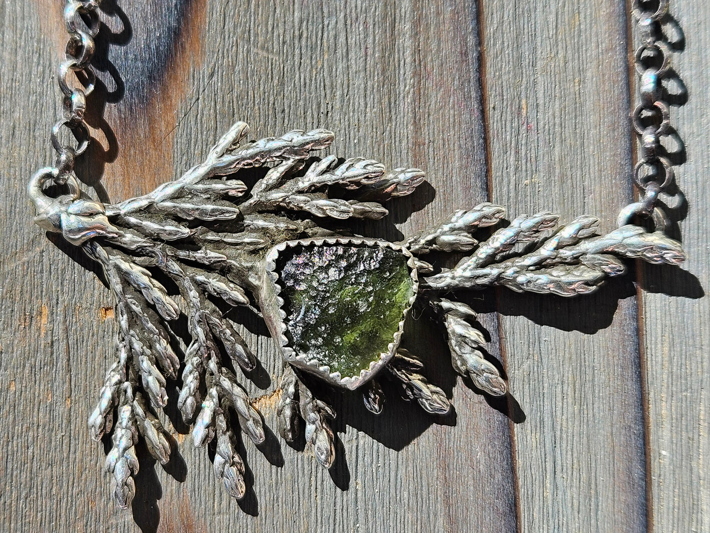 Cedar Leaf and Moldavite Necklace